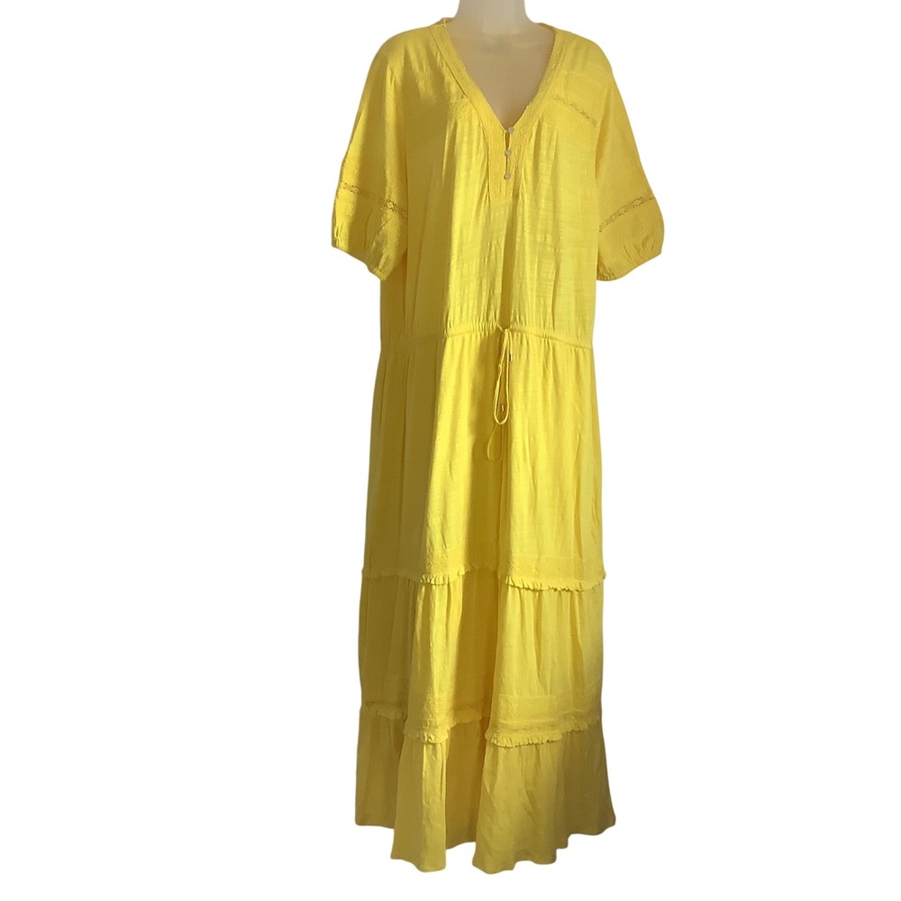 Lauren Ralph Lauren Yellow Lace Crochet Tiered Maxi Dress XXL Boho Henley Slub‎